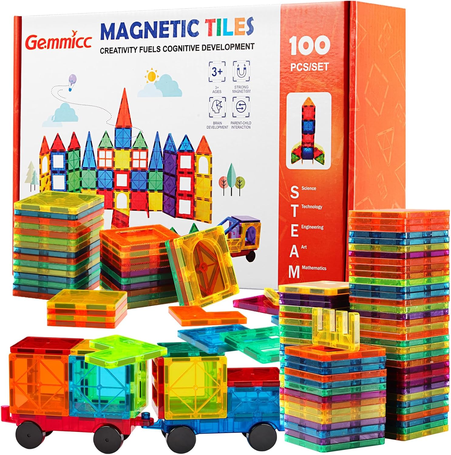 Gemmicc Magnetic Tiles 100 PCS with 2 Cars, STEM Approved Educational Magnet BuildingToys, Magnet Puzzles Stacking Blocks for Boys Girls 24hrsmart
